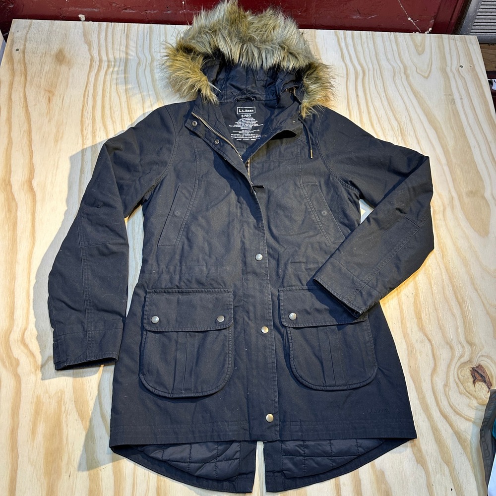 L.L. Bean Women East End Parka Black Faux Fur Trim Hooded Winter Coat Size S